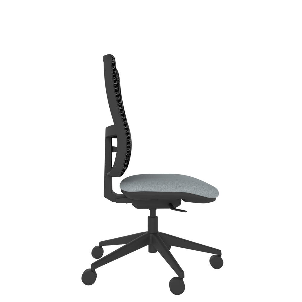 XM100 Xero Mesh Chair With Seat Slide with black mesh back, grey seat and black base. Side view