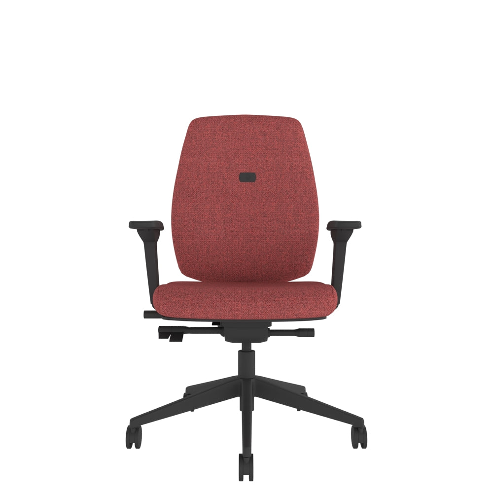 YE104 YOU Upholstered Ergo Chair With 4D Arms in red with black base, front view