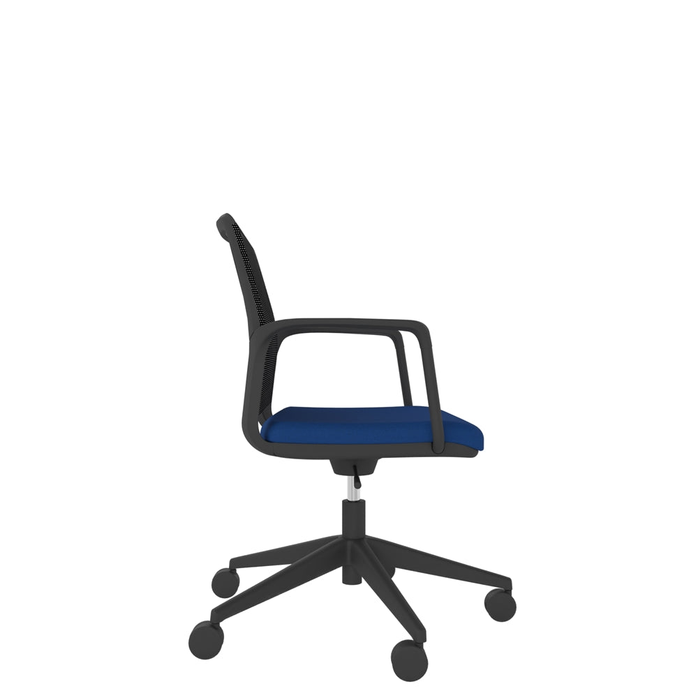 RBL100 Black Shell Mesh Back Task Chair with black mesh back, blue seat and black base. Side view