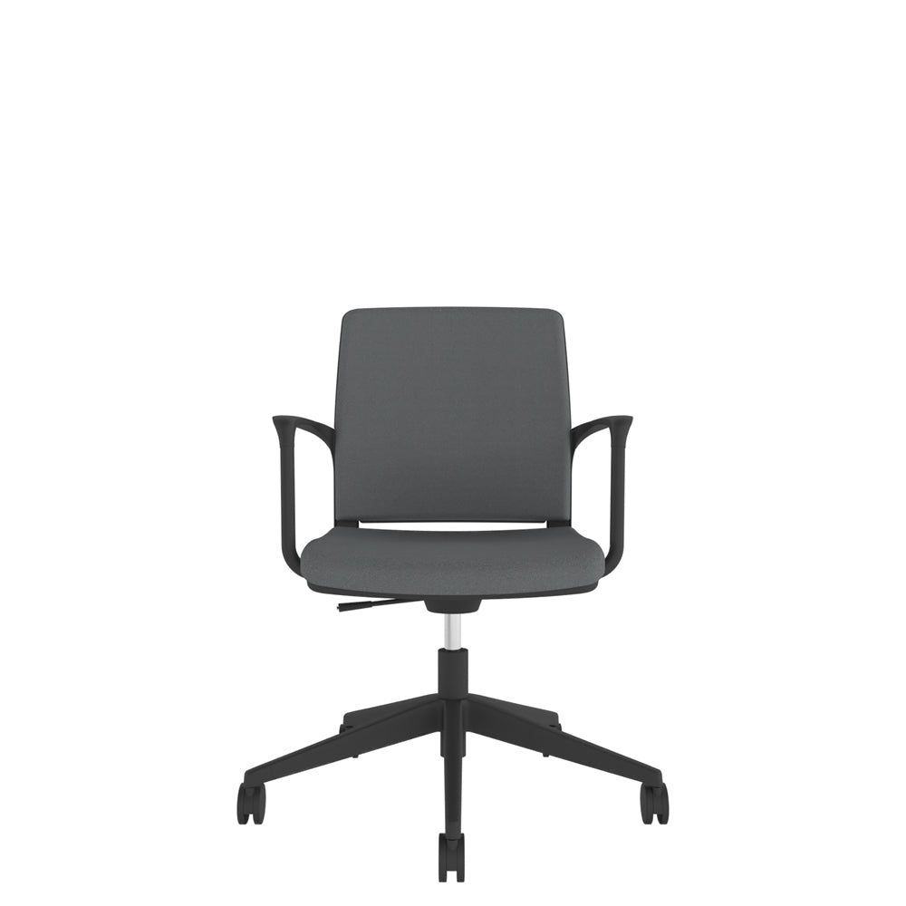 RBL200 Black Shell Upholstered Back Task Chair in grey with black base, front view