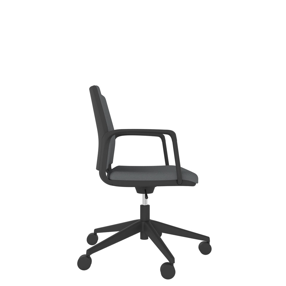 RBL200 Black Shell Upholstered Back Task Chair in grey with black base, side view