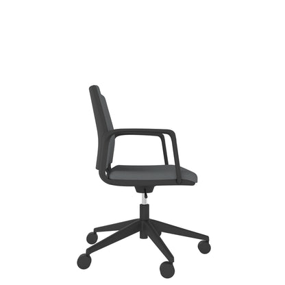 RBL200 Black Shell Upholstered Back Task Chair in grey with black base, side view