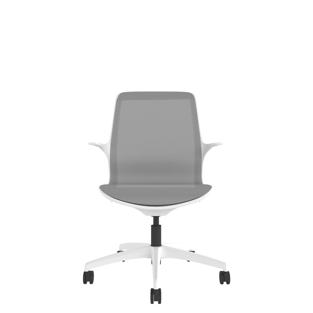 VZ200 White one-piece mesh chair in grey with white base. Front view