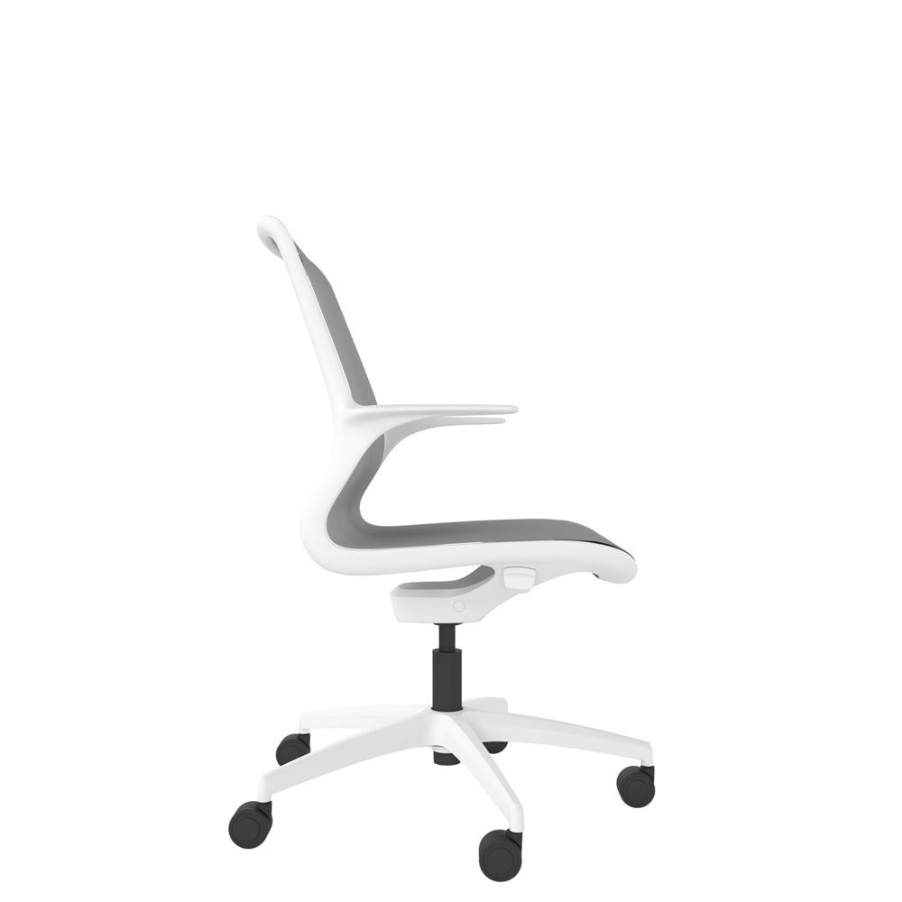 VZ200 White one-piece mesh chair in grey with white base. Side view