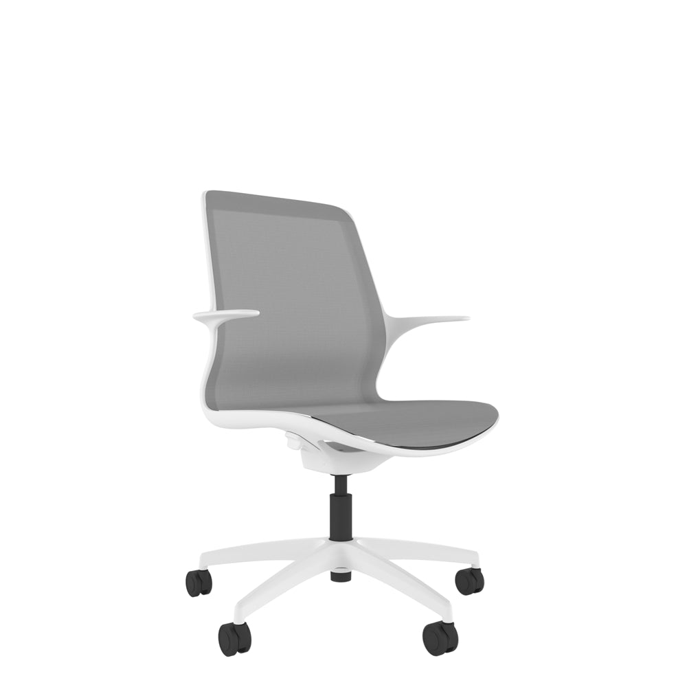 VZ200 White one-piece mesh chair in grey with white base. 