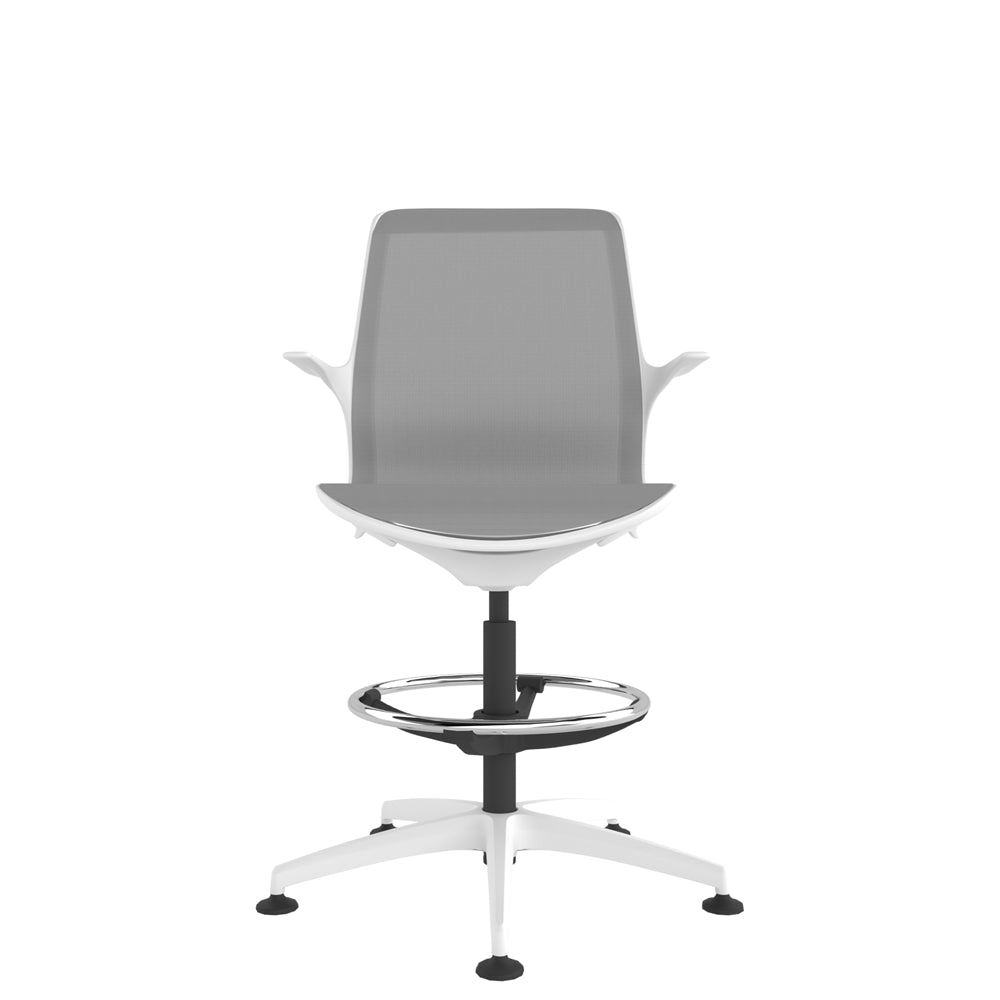 VZ200/WS White one-piece mesh work stool in grey with white base. Front view