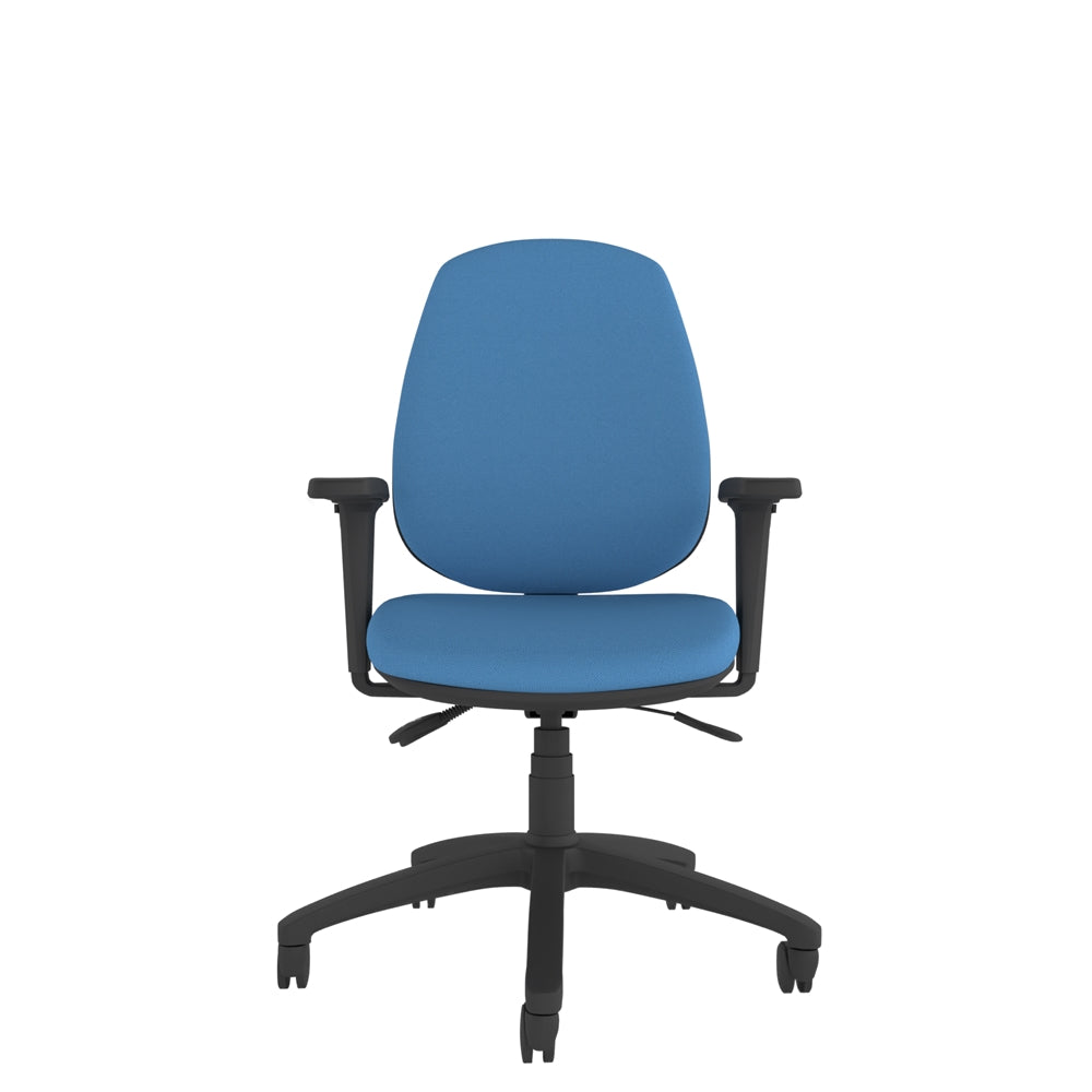 CT220 Contour High Back Chair with blue seat and black base. Front View