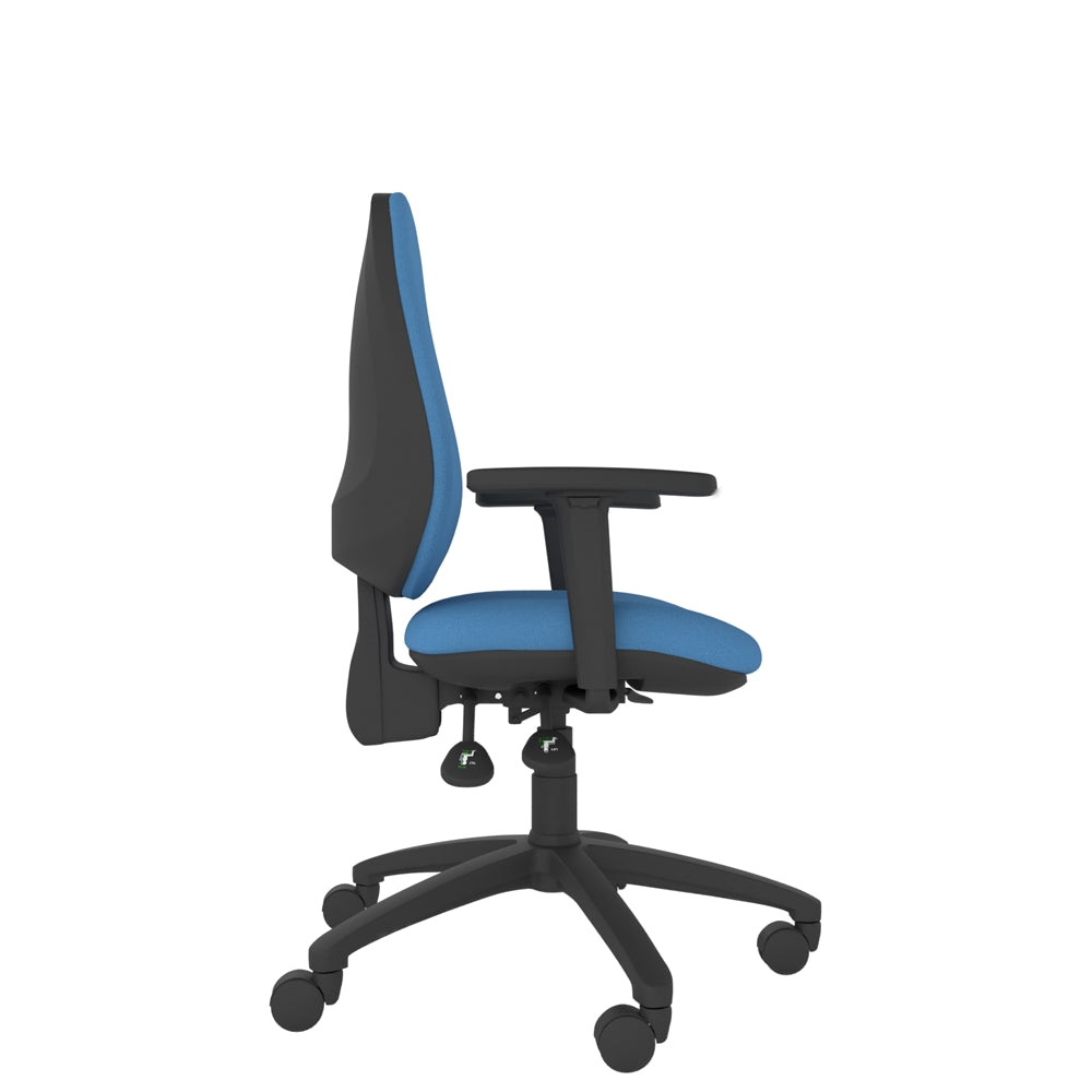 CT220 Contour High Back Chair with blue seat and black base. Side View