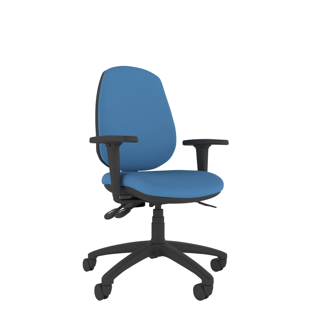 CT220 Contour High Back Chair with blue seat and black base. Front View