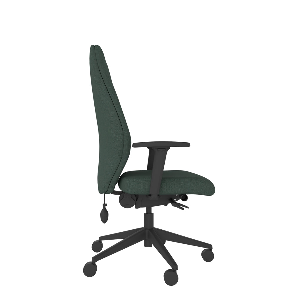 SL102 High Upholstered Back With 2D Arms in green with black base, side view