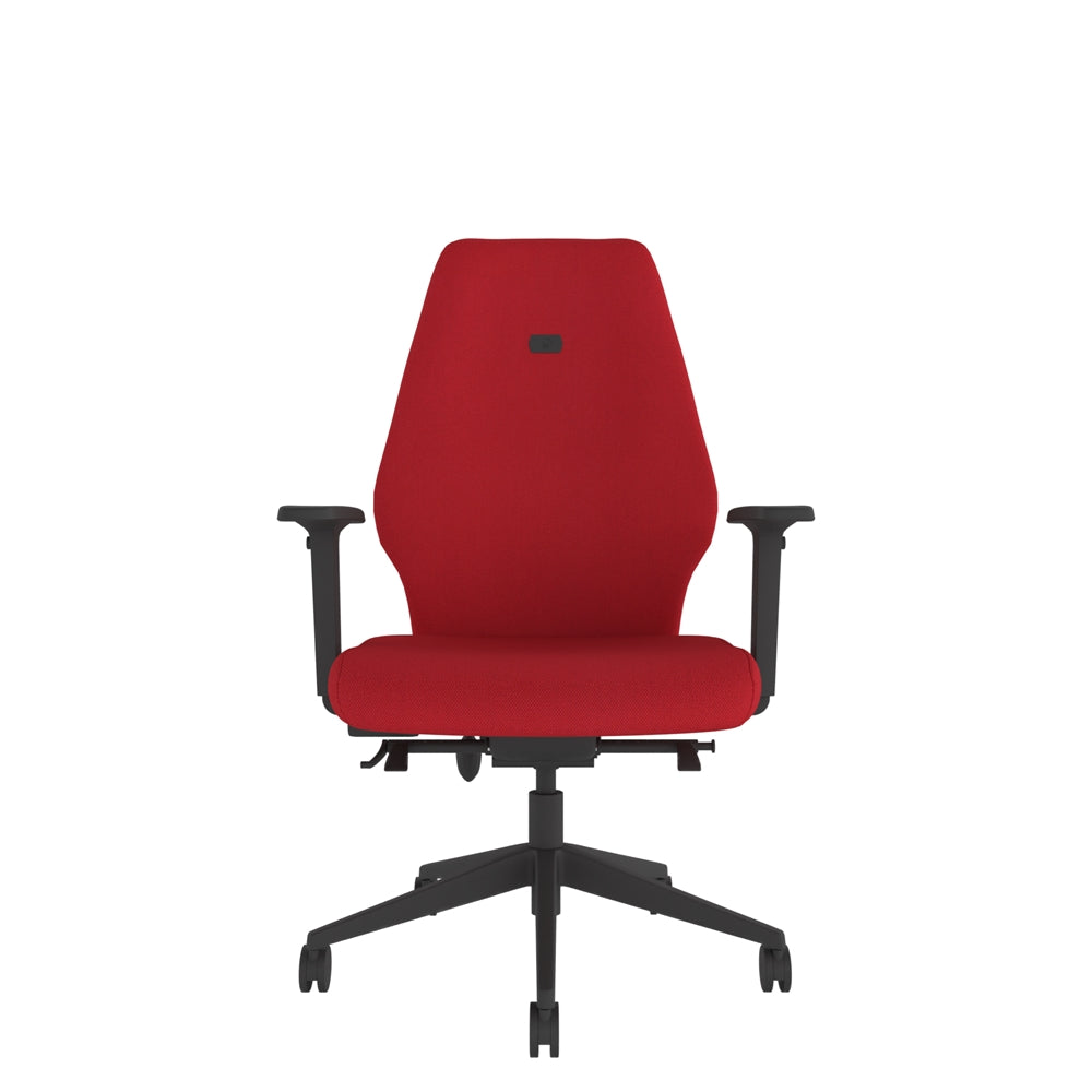 SL104 High Back With Multi-Functional Arms in red with black base, front view