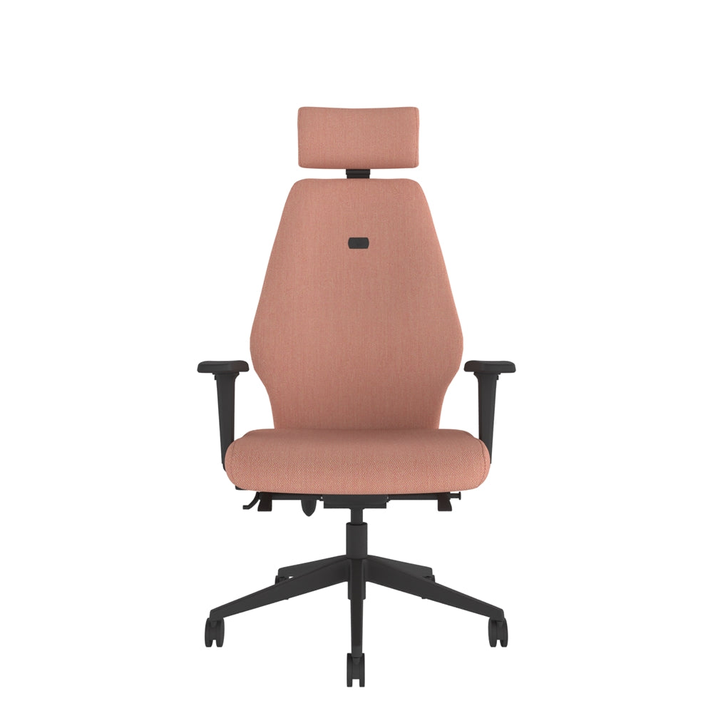 SL152 High Back With Headrest and 2D Arms in pink with black base, front view