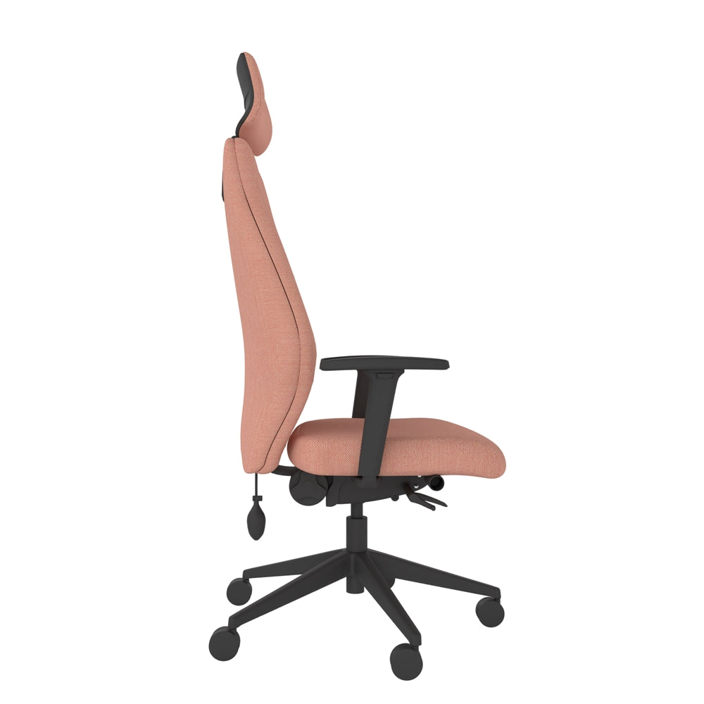 SL152 High Back With Headrest and 2D Arms in pink with black base, side view