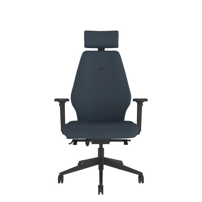 SL154 High Back With Headrest and Multi-Functional Arms in dark blue with black base, Front view