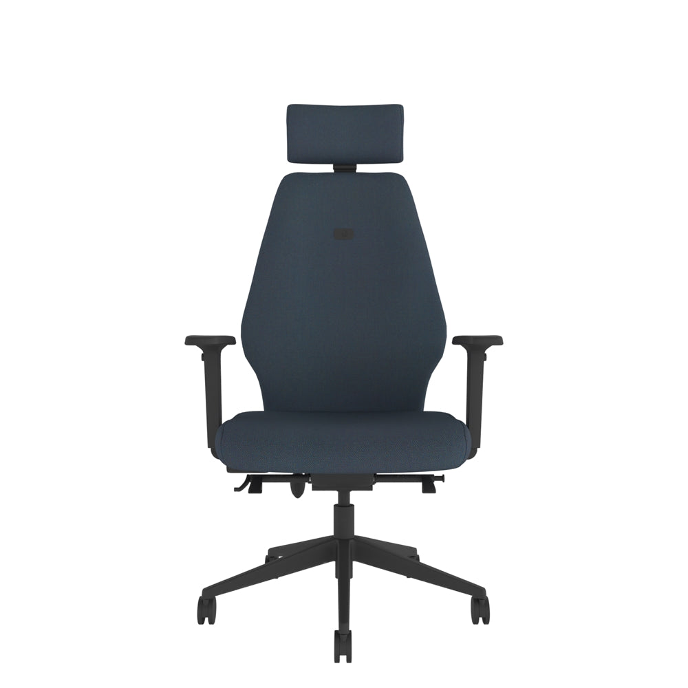 SL154 High Back With Headrest and Multi-Functional Arms in dark blue with black base, Front view