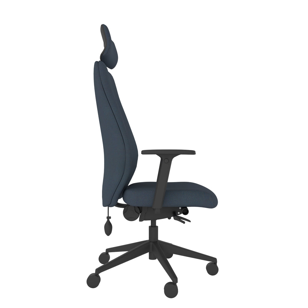 SL154 High Back With Headrest and Multi-Functional Arms in dark blue with black base, side view