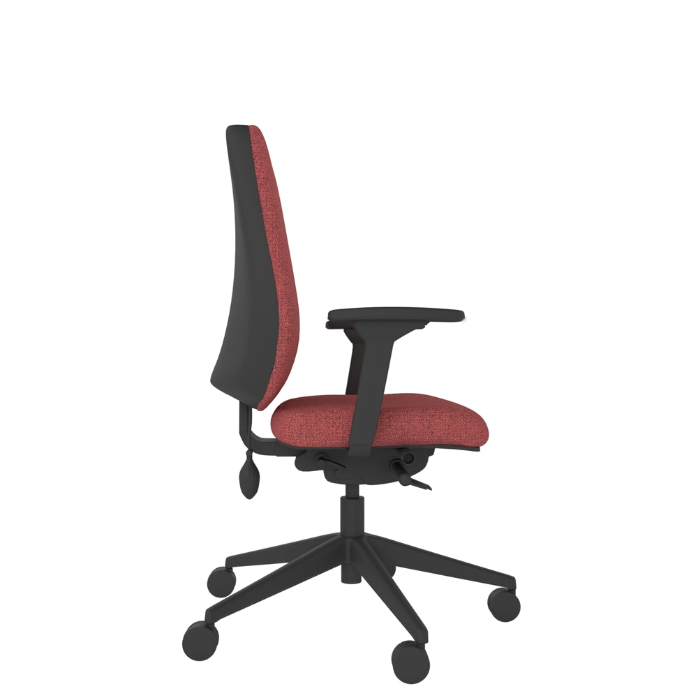 YE104 YOU Upholstered Ergo Chair With 4D Arms in red with black base, side view