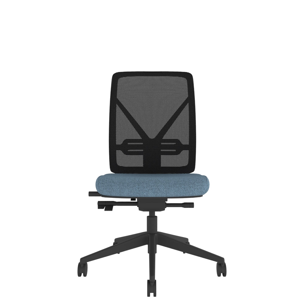 YE200 YOU Mesh Ergo Chair in black mesh back, blue seat and black base. Front View
