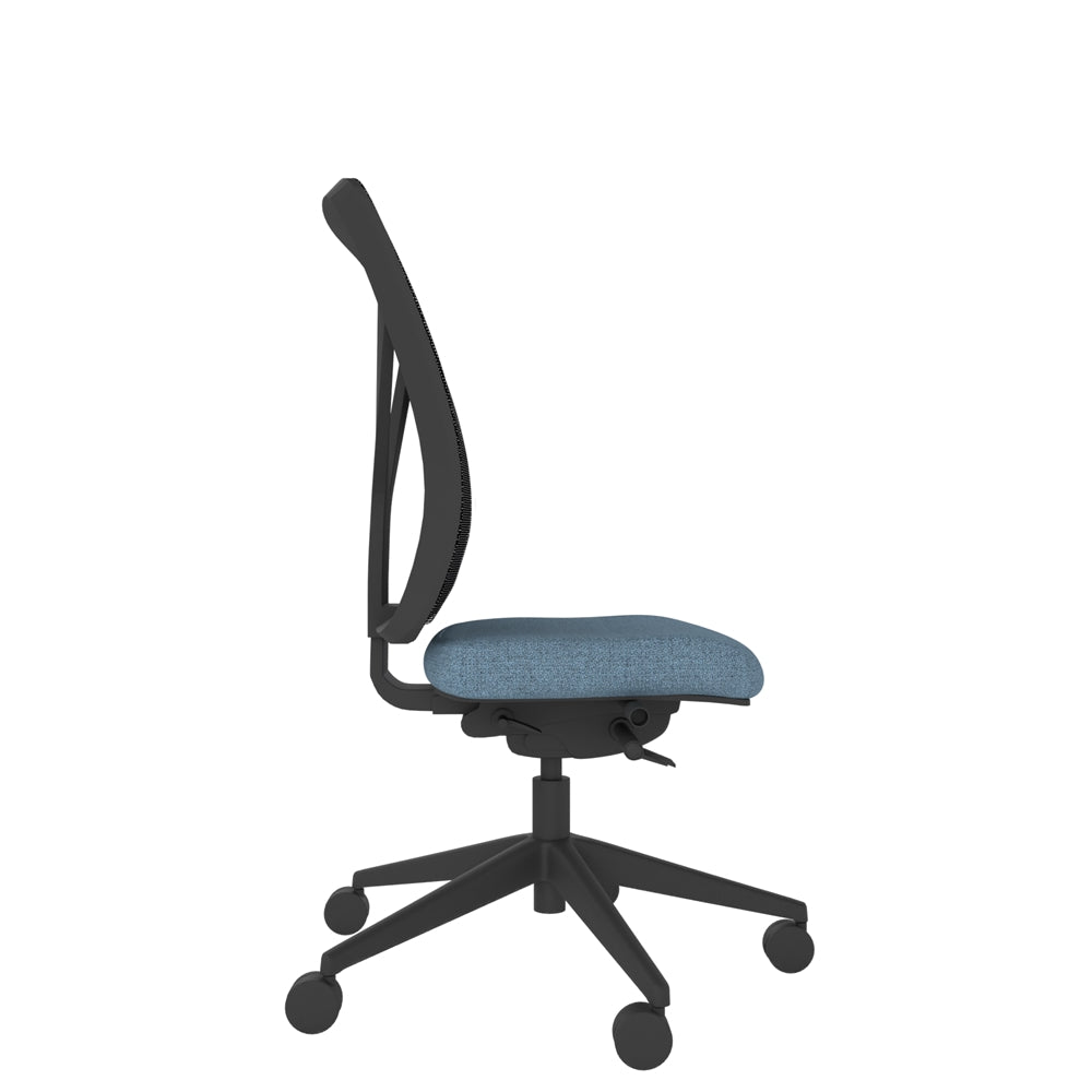 YE200 YOU Mesh Ergo Chair with black mesh back, blue seat and black base. Side view, 