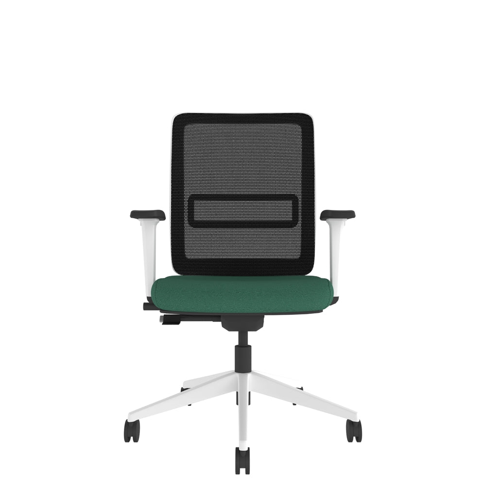 NN102W Black Mesh Back Task Chair With White Frame and 2D Arms. Front view