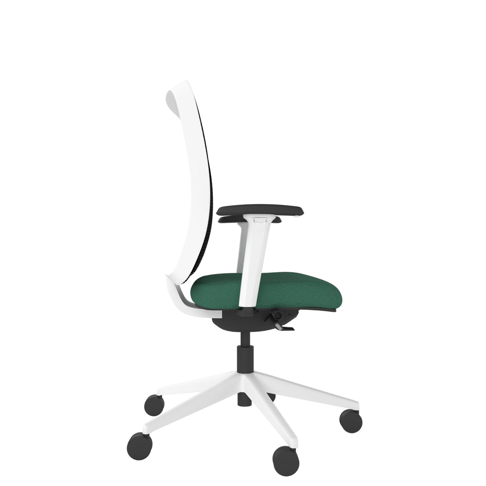 NN102W Black Mesh Back Task Chair With White Frame and 2D Arms. Side view