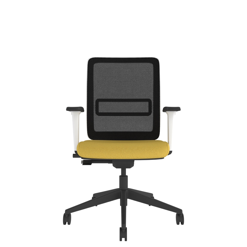 NN112 Black Mesh Back Task Chair With White Frame, Black Base and 2D Arms with yellow seat and black base. Front view