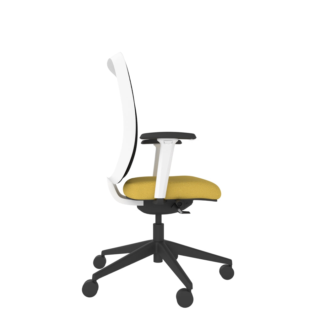 NN112 Black Mesh Back Task Chair With White Frame, Black Base and 2D Arms with yellow seat and black base. Side View