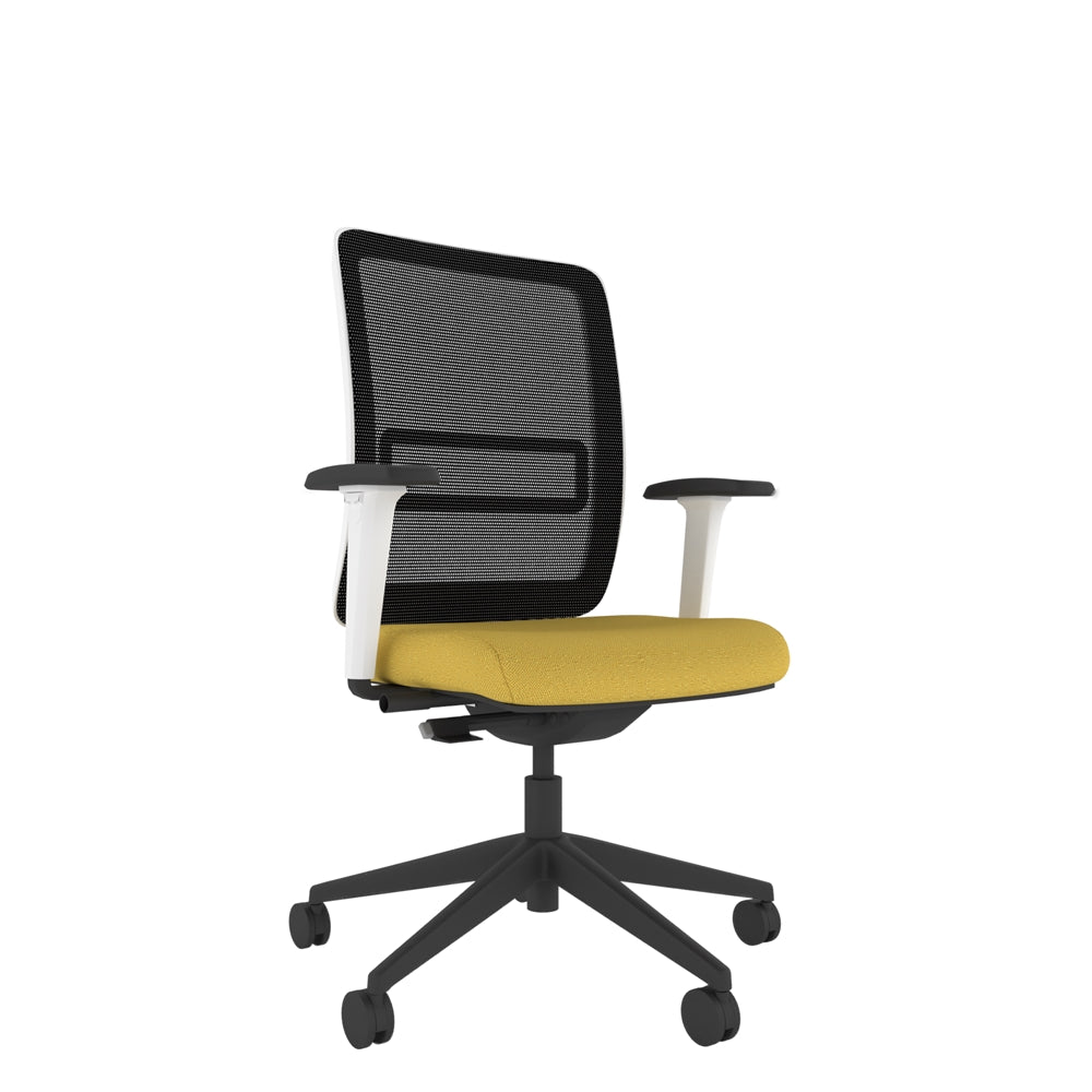 NN112 Black Mesh Back Task Chair With White Frame, Black Base and 2D Arms with yellow seat and black base.