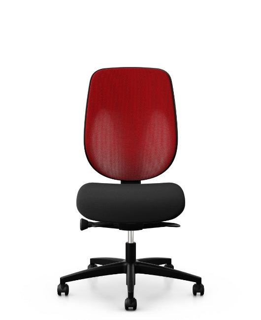 Giroflex 353-4029 Swivel Chair With Backrest Mesh Runner in red and black, front view. 