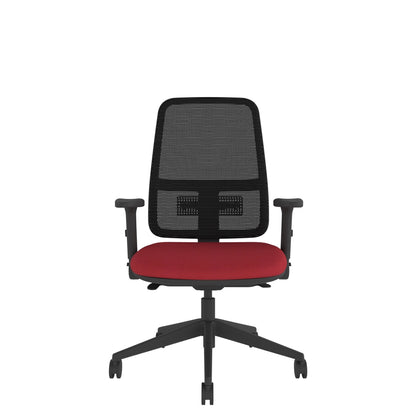 XM100AF Xero Mesh Chair With Seat Slide and Height Adjustable Foldaway Arms with black mesh back, red seat and black base. Front view