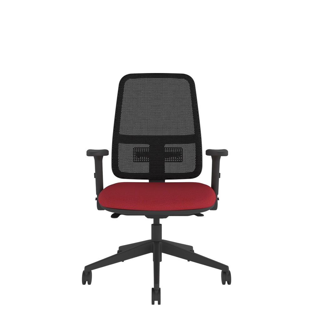 XM100AF Xero Mesh Chair With Seat Slide and Height Adjustable Foldaway Arms with black mesh back, red seat and black base. Front view