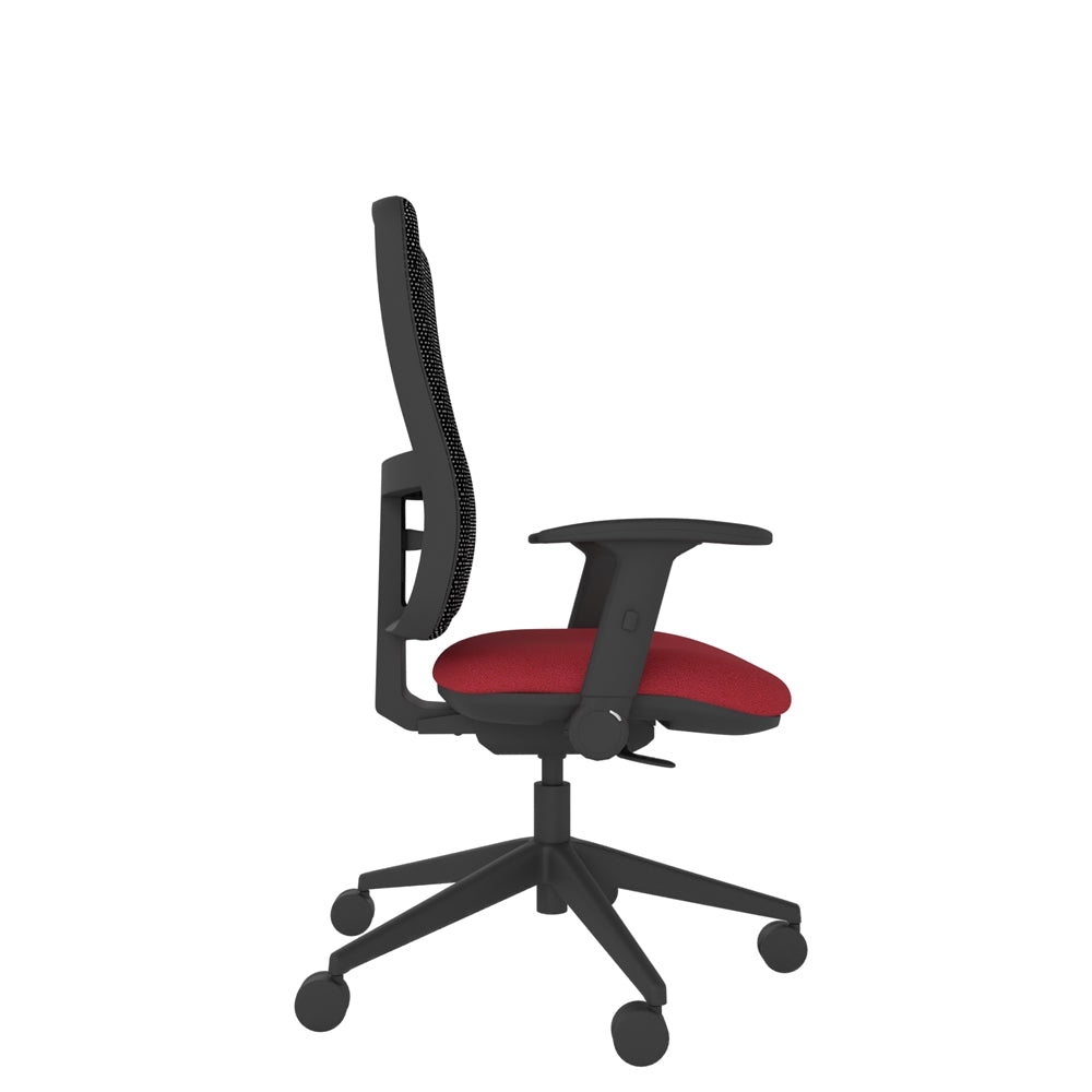 XM100AF Xero Mesh Chair With Seat Slide and Height Adjustable Foldaway Arms with black mesh back, red seat and black base. Side view