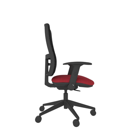 XM100AF Xero Mesh Chair With Seat Slide and Height Adjustable Foldaway Arms with black mesh back, red seat and black base. Side view