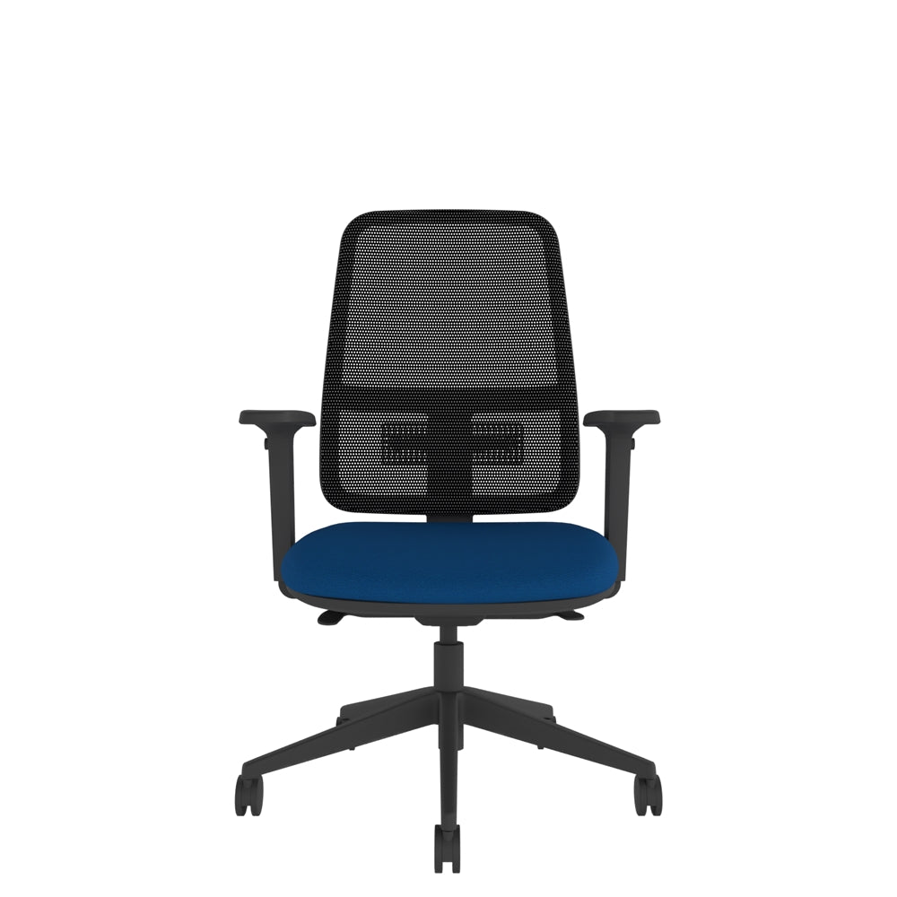 XM100AMF Xero Mesh Chair With Seat Slide and Multi-Functional Arms with black mesh back, blue seat and black base. Front view