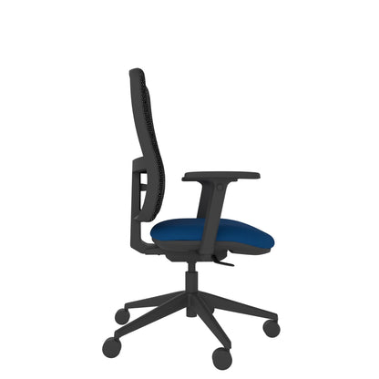 XM100AMF Xero Mesh Chair With Seat Slide and Multi-Functional Arms with black mesh back, blue seat and black base. Side view