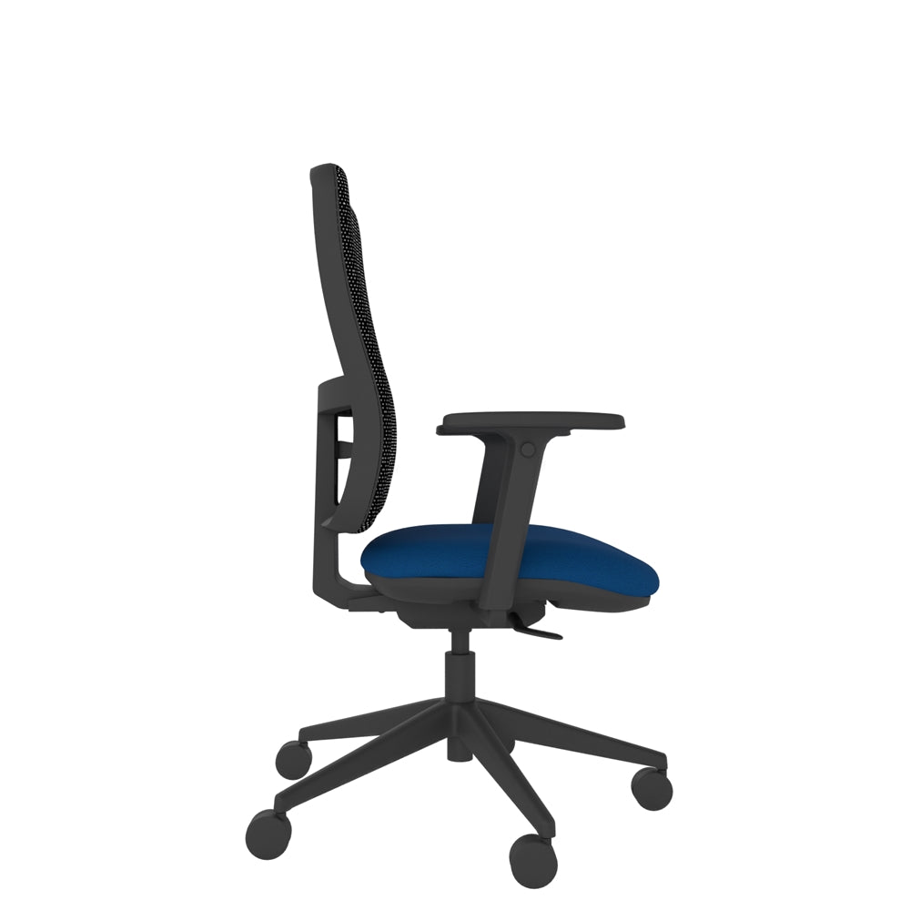 XM100AMF Xero Mesh Chair With Seat Slide and Multi-Functional Arms with black mesh back, blue seat and black base. Side view