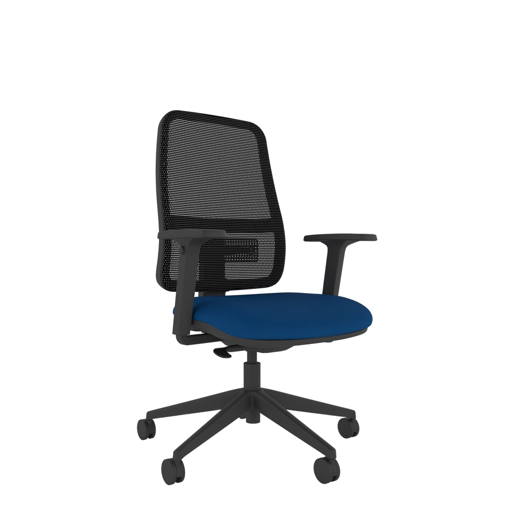 XM100AMF Xero Mesh Chair With Seat Slide and Multi-Functional Arms with black mesh back, blue seat and black base. 