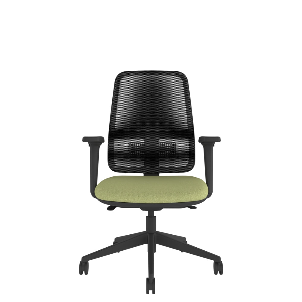 XM200A Xero Mesh Chair With Height Adjustable Arms with black mesh back, green seat and black base. Front view