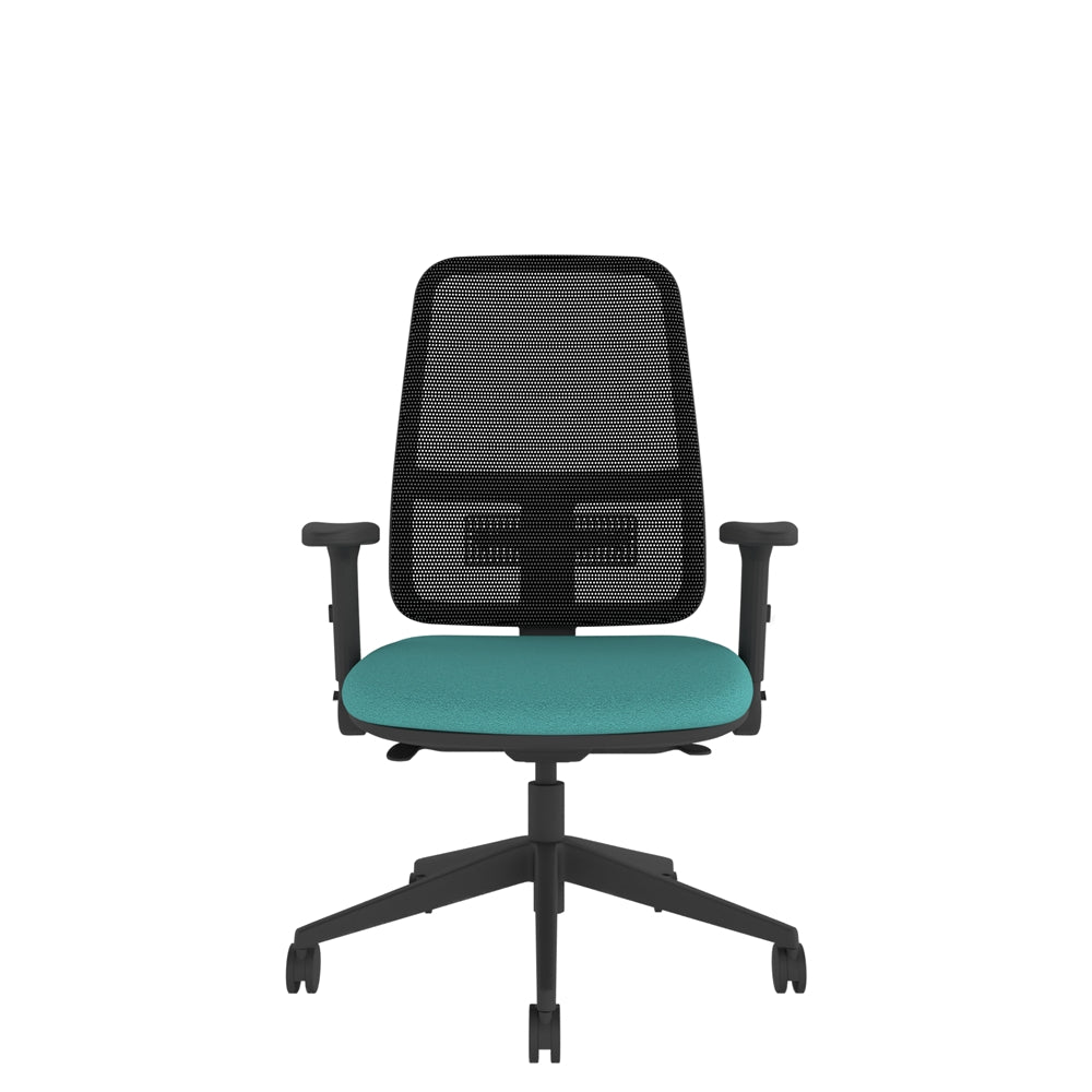 XM200AF Xero Mesh Chair With Height Adjustable Foldaway Arms with black mesh back, green seat and black base. Front view