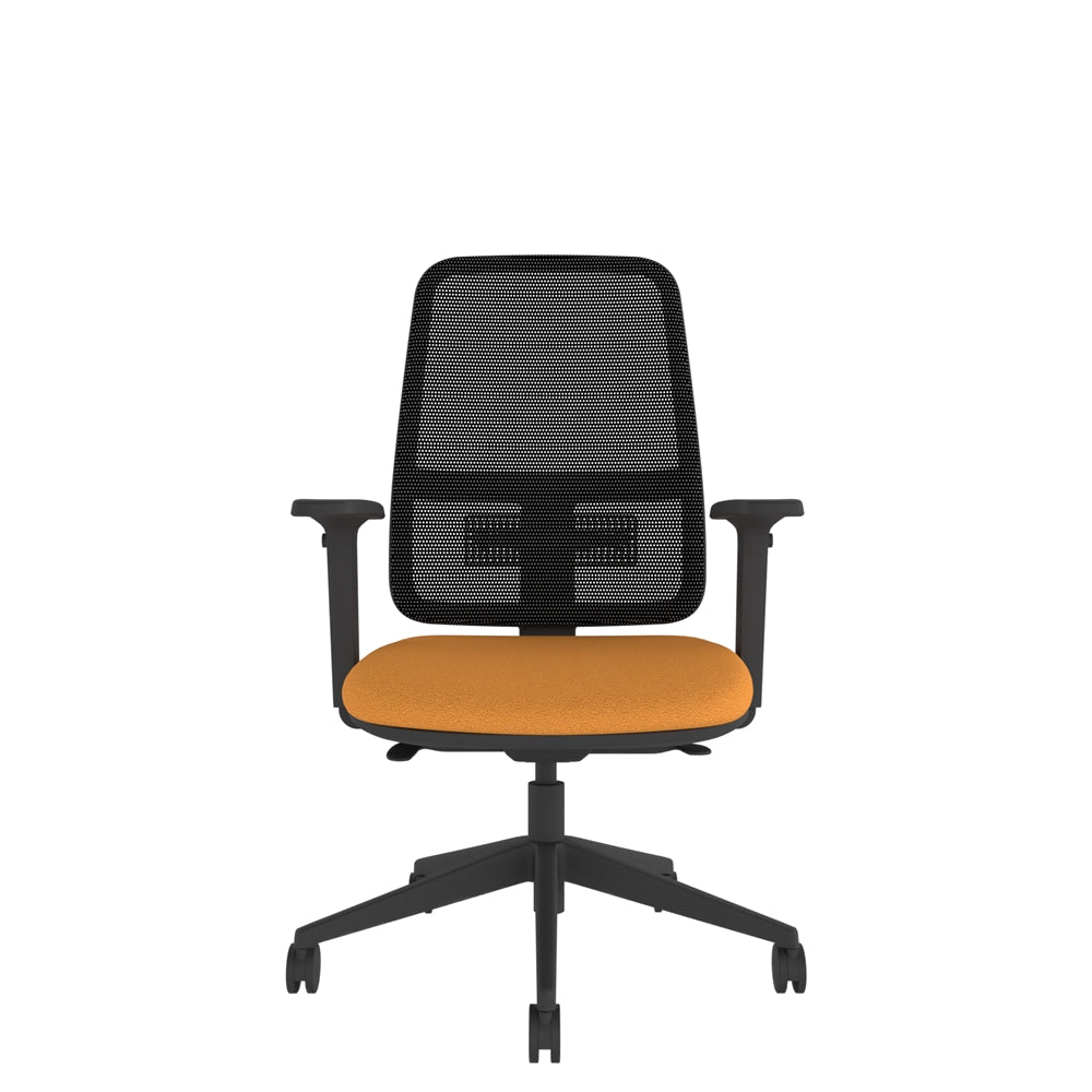 XM200AMF Xero Mesh Chair With Multi-Functional Arms  with black mesh back, orange seat and black base. Front view