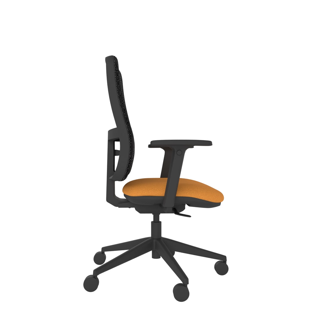 XM200AMF Xero Mesh Chair With Multi-Functional Arms with black mesh back, orange seat and black base. 