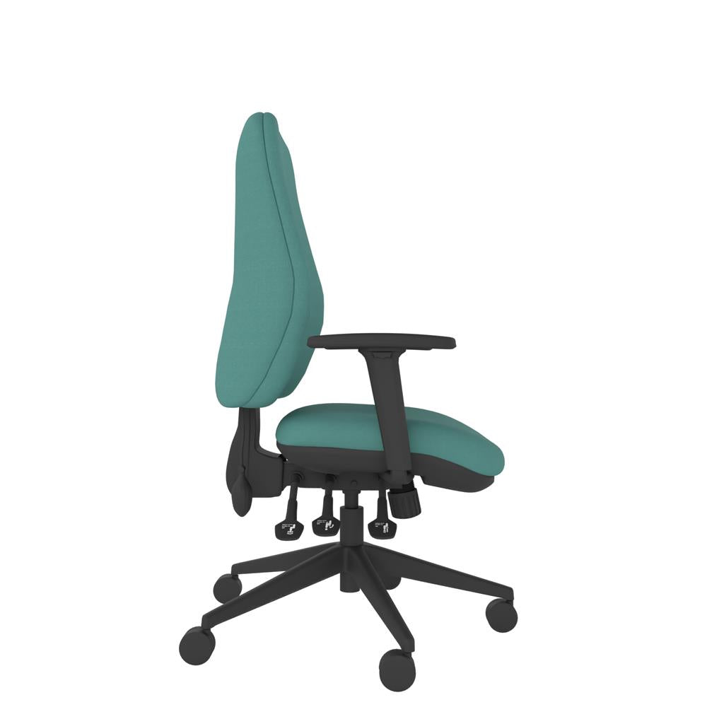 IT300 Upholstered High Back With Medium Seat green with black base. Side view