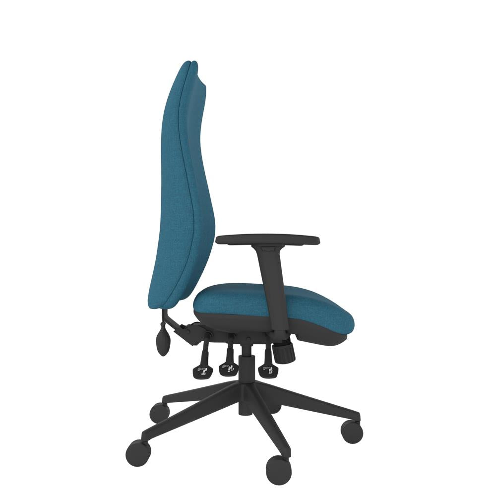 IT500 Upholstered Extra High Back With Medium Seat in blue with black base, side view