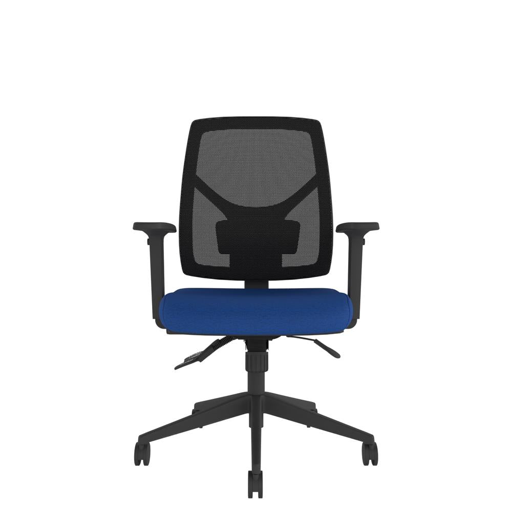 ME500 Activ Me Mesh Posture Chair with blue seat and black base. Front view