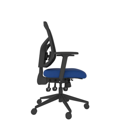 ME500 Activ Me Mesh Posture Chair with blue seat and black base. Side view