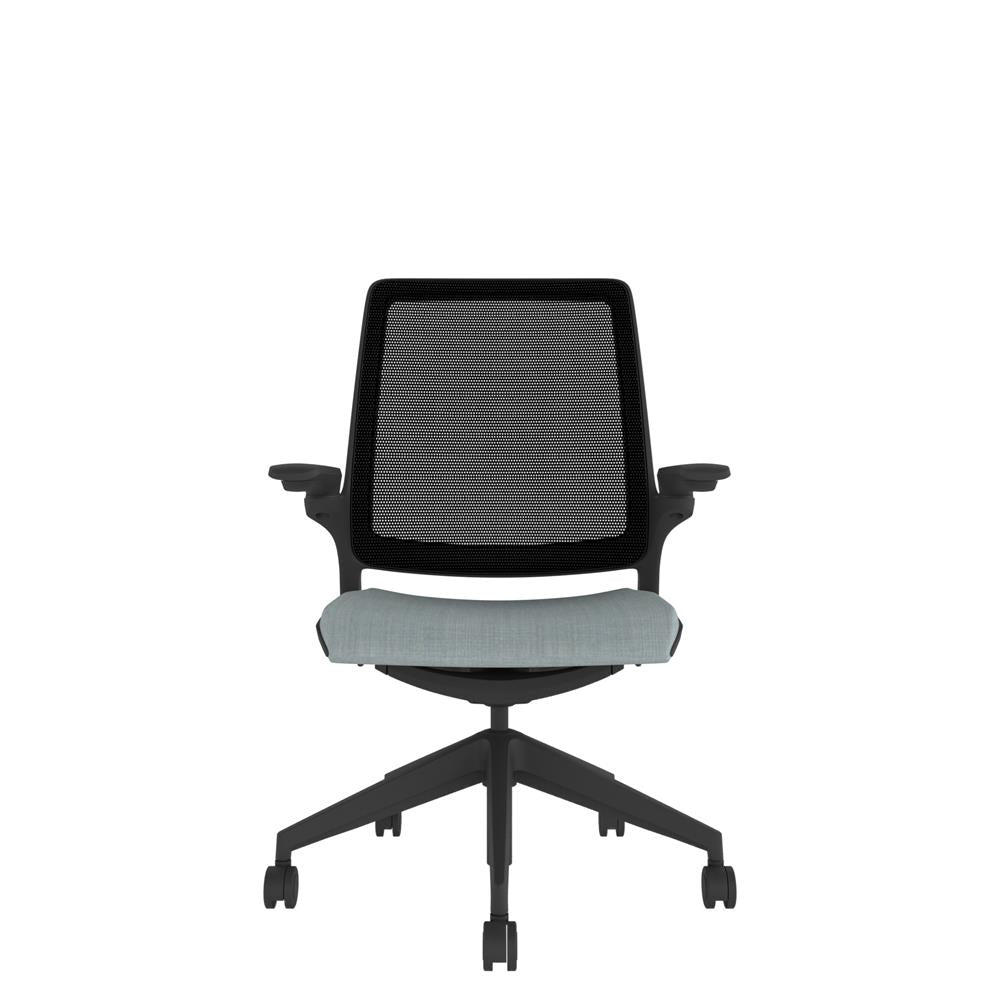 KN100 Designer Mesh Back Chair in grey with Black base. Front  view