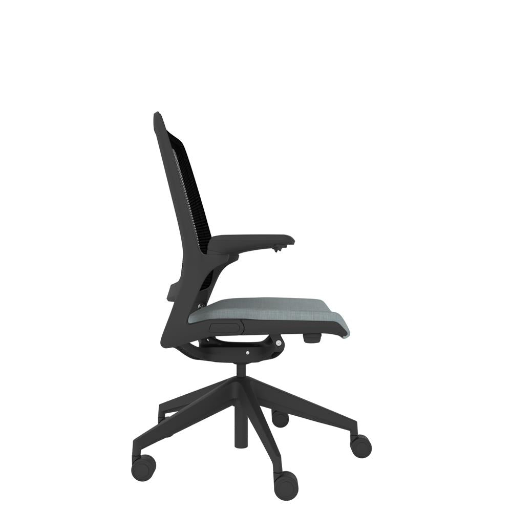 KN100 Designer Mesh Back Chair in grey with Black base. Side view
