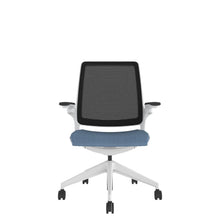 KN100W Designer Mesh Back Chair with blue seat and White base. Front view