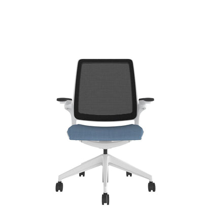 KN100W Designer Mesh Back Chair with blue seat and White base. Front view