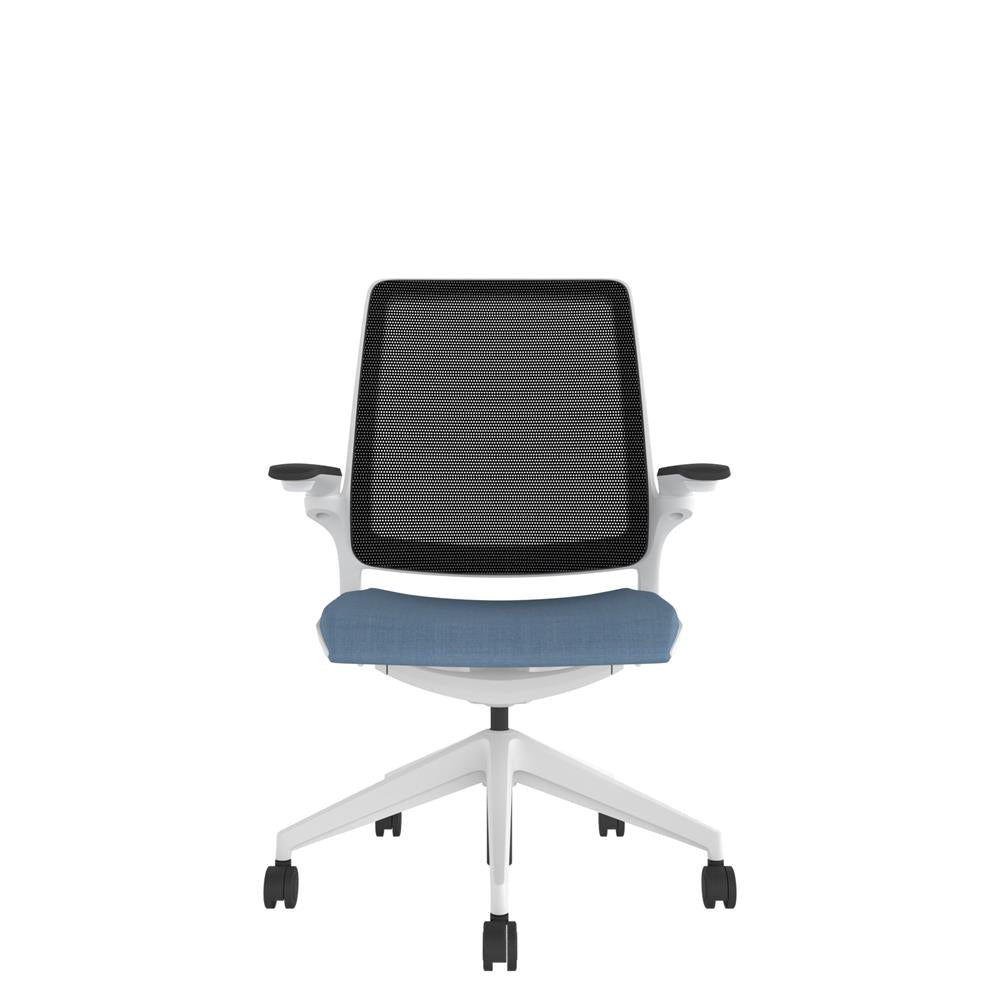 KN100W Designer Mesh Back Chair with blue seat and White base. Front view